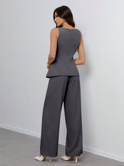 SHEIN Tall Women's Solid Color Round Neck Single-Breasted Vest And Pants Elegant Commuter Suit