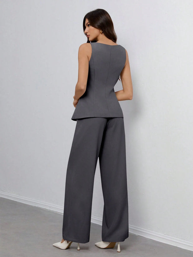 SHEIN Tall Women's Solid Color Round Neck Single-Breasted Vest And Pants Elegant Commuter Suit