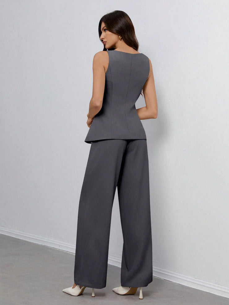 SHEIN Tall Women's Solid Color Round Neck Single-Breasted Vest And Pants Elegant Commuter Suit