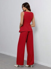 SHEIN Tall Women's Solid Color Round Neck Single-Breasted Vest And Pants Elegant Commuter Suit