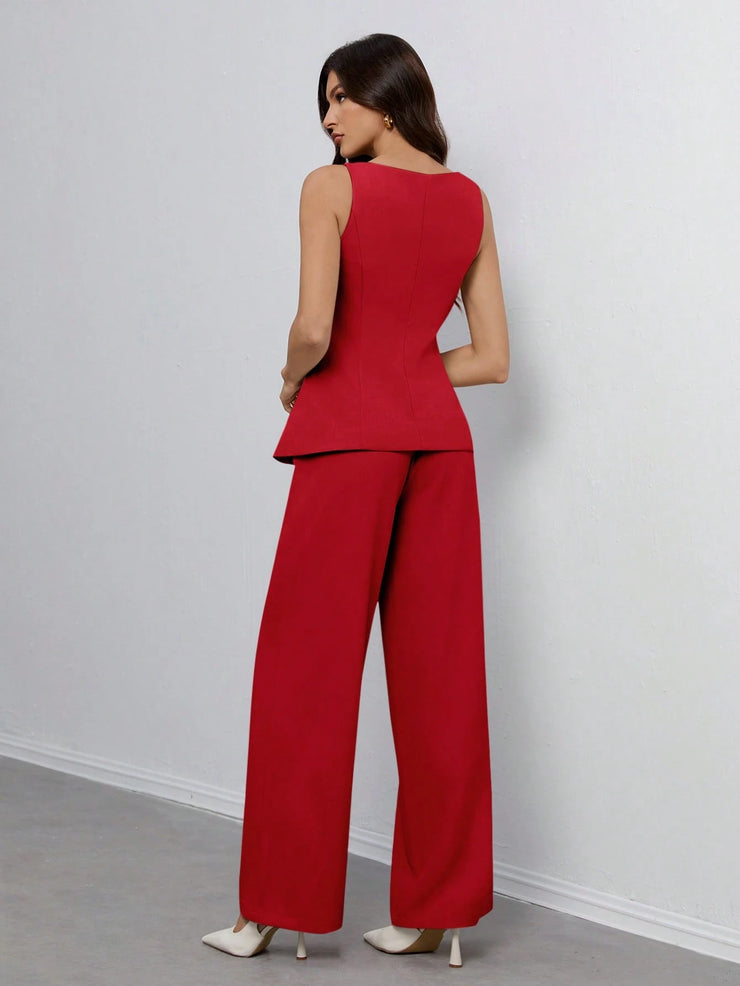 SHEIN Tall Women's Solid Color Round Neck Single-Breasted Vest And Pants Elegant Commuter Suit