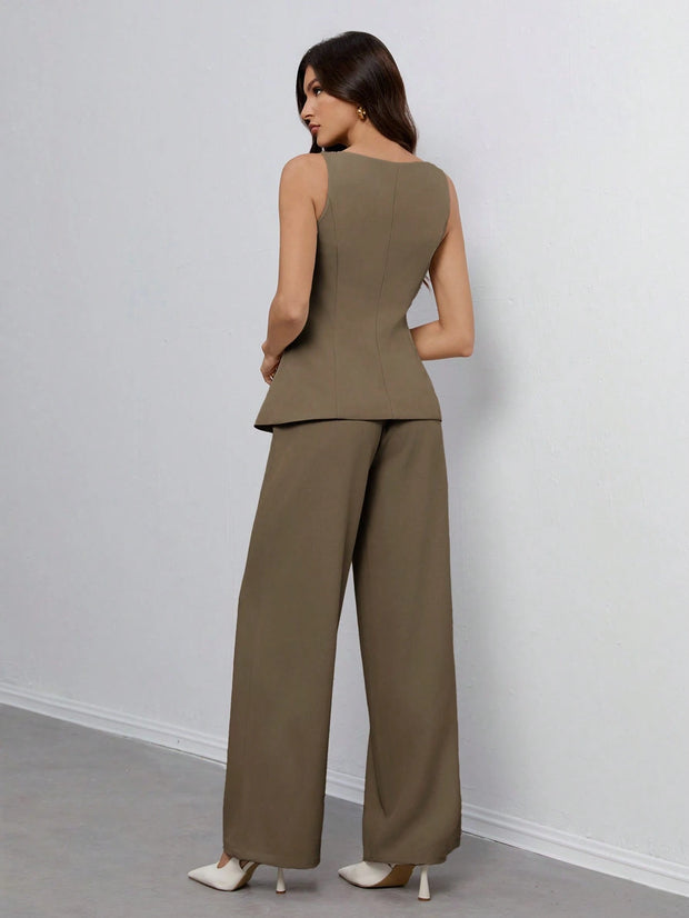 SHEIN Tall Women's Solid Color Round Neck Single-Breasted Vest And Pants Elegant Commuter Suit
