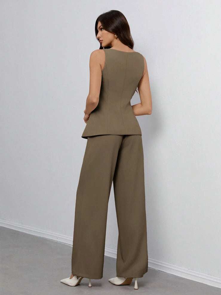 SHEIN Tall Women's Solid Color Round Neck Single-Breasted Vest And Pants Elegant Commuter Suit