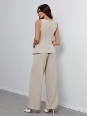 SHEIN Tall Women's Solid Color Round Neck Single-Breasted Vest And Pants Elegant Commuter Suit