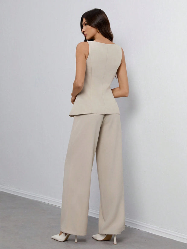 SHEIN Tall Women's Solid Color Round Neck Single-Breasted Vest And Pants Elegant Commuter Suit