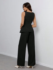 SHEIN Tall Women's Solid Color Round Neck Single-Breasted Vest And Pants Elegant Commuter Suit