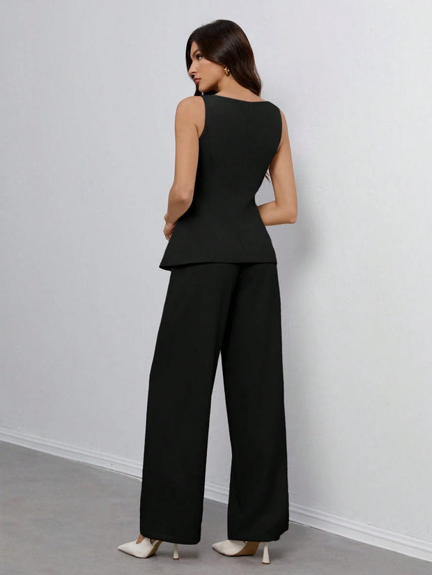 SHEIN Tall Women's Solid Color Round Neck Single-Breasted Vest And Pants Elegant Commuter Suit