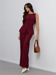 SHEIN Tall Women's Solid Color Round Neck Single-Breasted Vest And Pants Elegant Commuter Suit