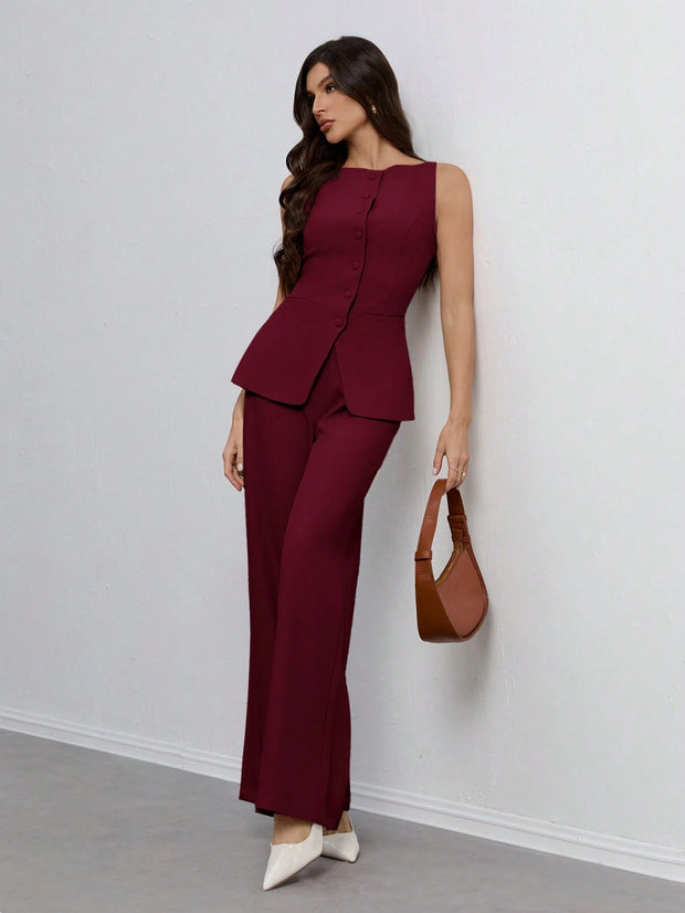 SHEIN Tall Women's Solid Color Round Neck Single-Breasted Vest And Pants Elegant Commuter Suit