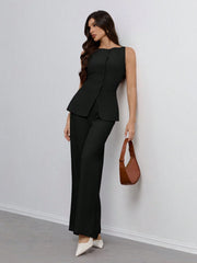 SHEIN Tall Women's Solid Color Round Neck Single-Breasted Vest And Pants Elegant Commuter Suit