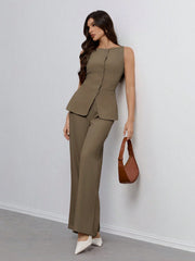 SHEIN Tall Women's Solid Color Round Neck Single-Breasted Vest And Pants Elegant Commuter Suit
