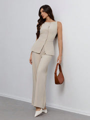 SHEIN Tall Women's Solid Color Round Neck Single-Breasted Vest And Pants Elegant Commuter Suit