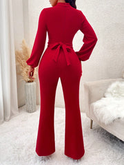 SOLERSUN Keyhole Neckline Lantern Sleeve Flare Leg Jumpsuit