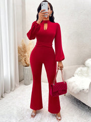 SOLERSUN Keyhole Neckline Lantern Sleeve Flare Leg Jumpsuit