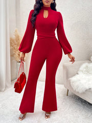 SOLERSUN Keyhole Neckline Lantern Sleeve Flare Leg Jumpsuit