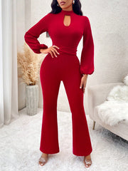 SOLERSUN Keyhole Neckline Lantern Sleeve Flare Leg Jumpsuit