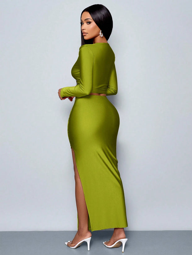 SOLERSUN Women's 2pcs Set Solid Color Elegant Casual Simple Asymmetrical Collar Long Sleeve T-Shirt And Slim Pleated Side Slit Long Skirt Two Piece Set