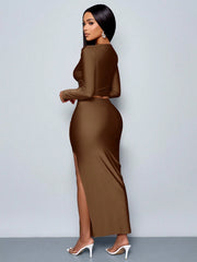 SOLERSUN Women's 2pcs Set Solid Color Elegant Casual Simple Asymmetrical Collar Long Sleeve T-Shirt And Slim Pleated Side Slit Long Skirt Two Piece Set
