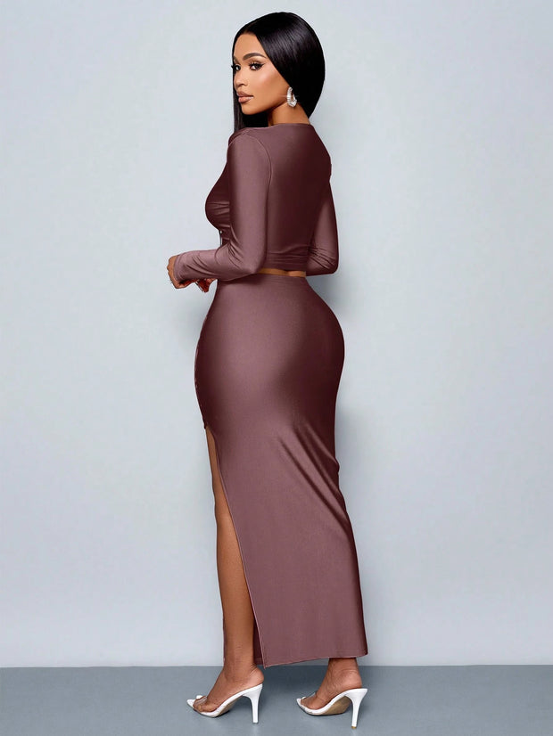 SOLERSUN Women's 2pcs Set Solid Color Elegant Casual Simple Asymmetrical Collar Long Sleeve T-Shirt And Slim Pleated Side Slit Long Skirt Two Piece Set