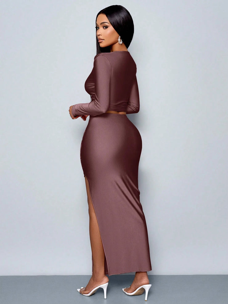 SOLERSUN Women's 2pcs Set Solid Color Elegant Casual Simple Asymmetrical Collar Long Sleeve T-Shirt And Slim Pleated Side Slit Long Skirt Two Piece Set