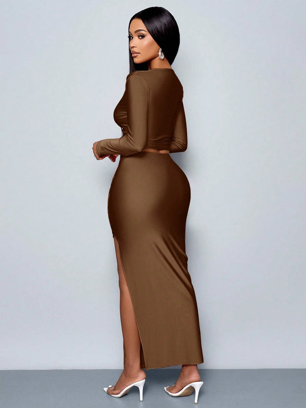 SOLERSUN Women's 2pcs Set Solid Color Elegant Casual Simple Asymmetrical Collar Long Sleeve T-Shirt And Slim Pleated Side Slit Long Skirt Two Piece Set