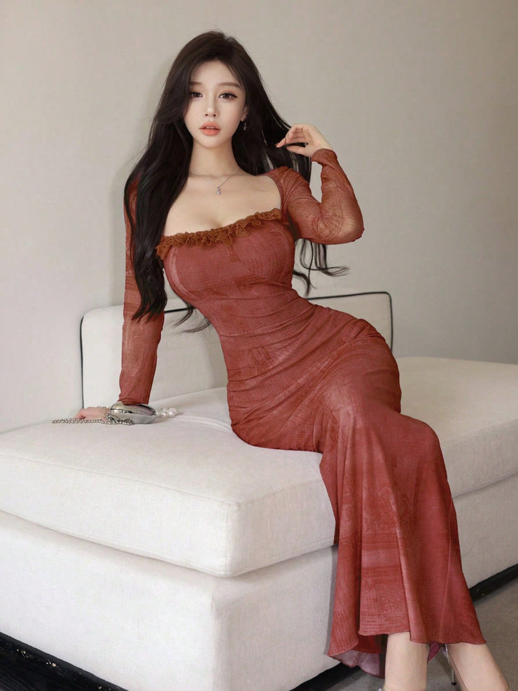 Seusyu Women's Mesh Contrast Lace Elegant Sexy Slim Fit Dress