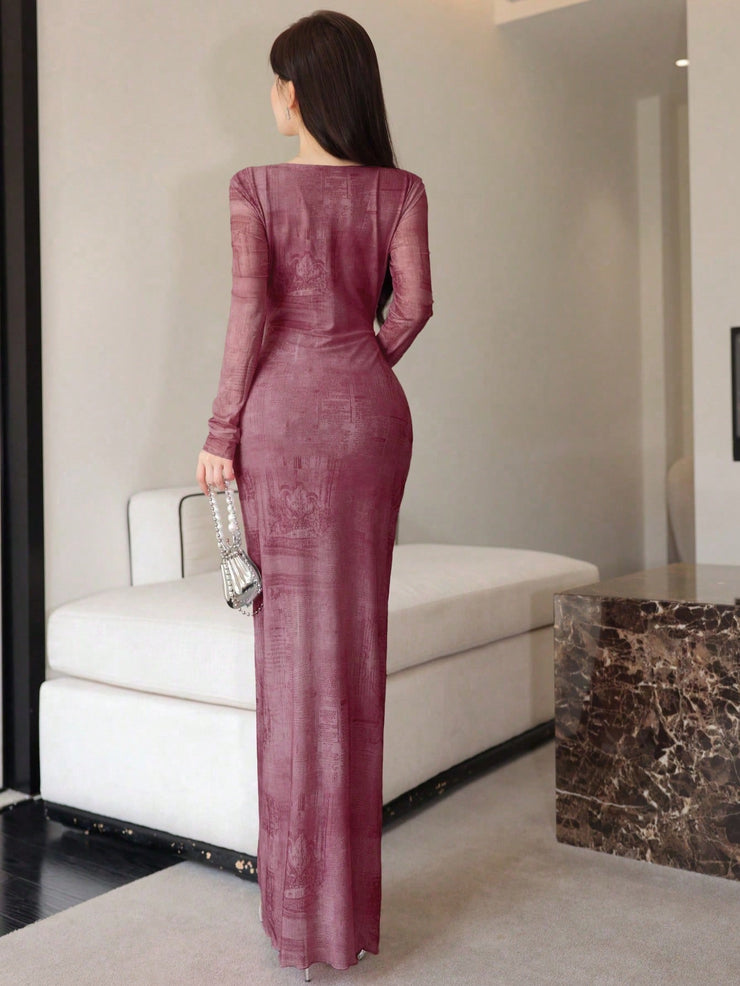 Seusyu Women's Mesh Contrast Lace Elegant Sexy Slim Fit Dress