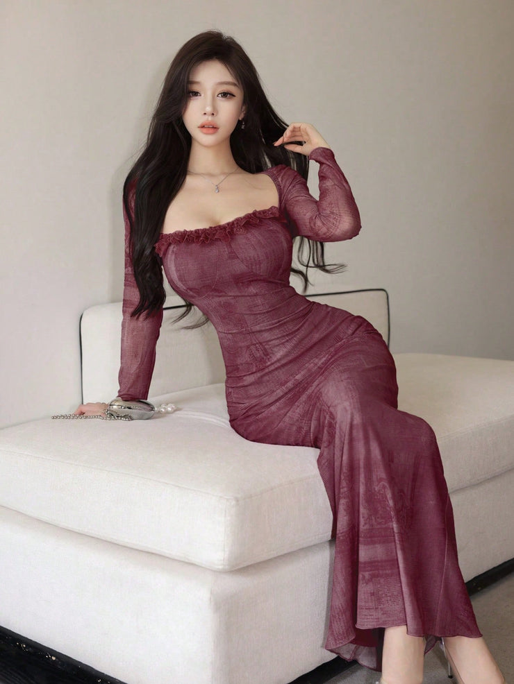 Seusyu Women's Mesh Contrast Lace Elegant Sexy Slim Fit Dress