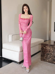 Seusyu Women's Mesh Contrast Lace Trim Bodycon Elegant Sexy Dress