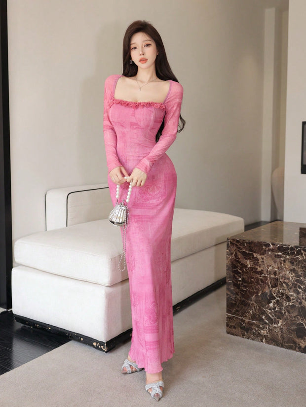 Seusyu Women's Mesh Contrast Lace Trim Bodycon Elegant Sexy Dress