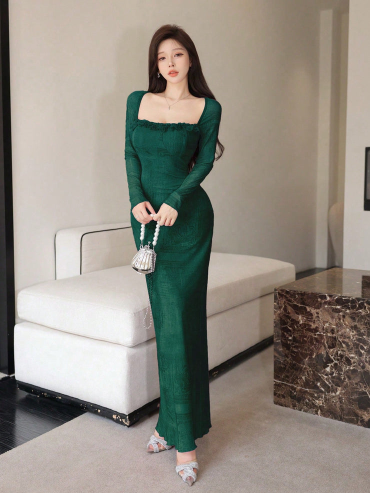 Seusyu Women's Mesh Contrast Lace Trim Bodycon Elegant Sexy Dress