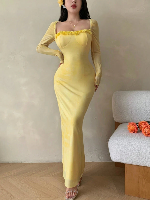 Seusyu Women's Mesh Contrast Lace Trim Bodycon Elegant Sexy Dress