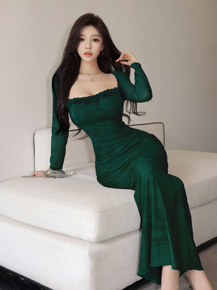 Seusyu Women's Mesh Contrast Lace Elegant Sexy Slim Fit Dress