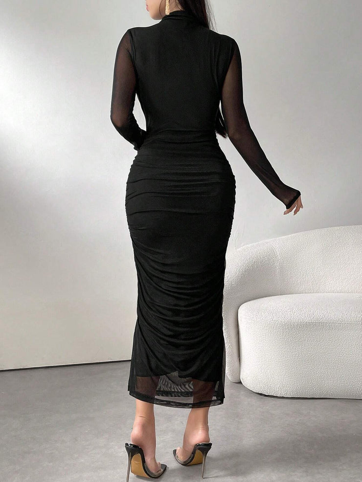 Seusyu Women's Solid Color Minimalist Long Sleeve Mesh Dress Maxi