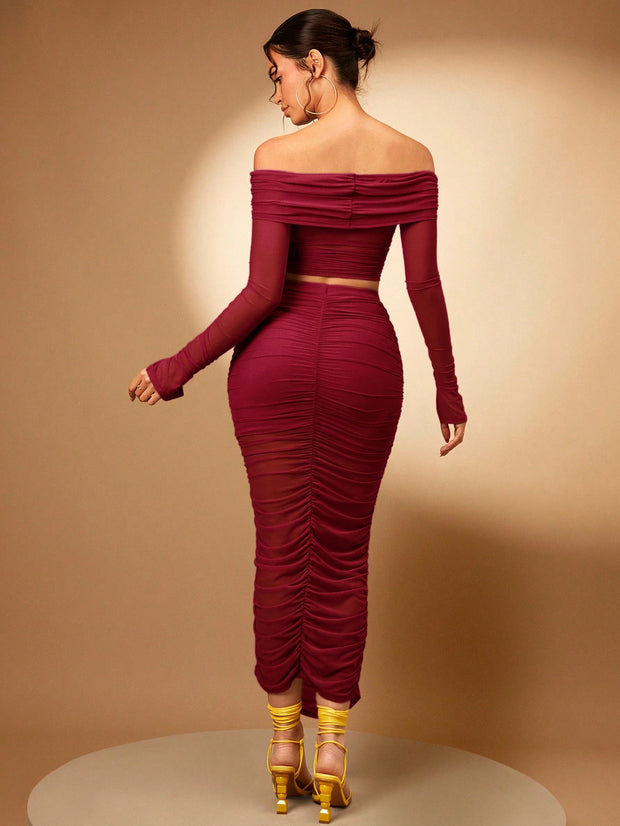 Silquee Foldover Off Shoulder Crop Top & Ruched Pencil Skirt