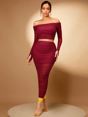Silquee Foldover Off Shoulder Crop Top & Ruched Pencil Skirt