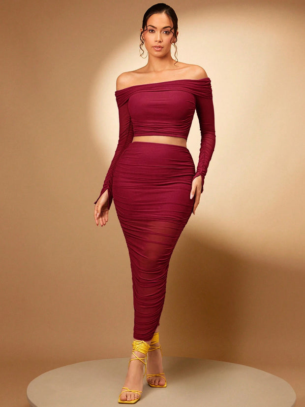 Silquee Foldover Off Shoulder Crop Top & Ruched Pencil Skirt