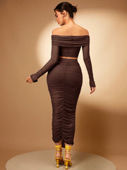 Silquee Foldover Off Shoulder Crop Top & Ruched Pencil Skirt