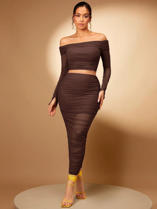 Silquee Foldover Off Shoulder Crop Top & Ruched Pencil Skirt