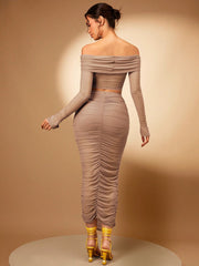 Silquee Foldover Off Shoulder Crop Top & Ruched Pencil Skirt