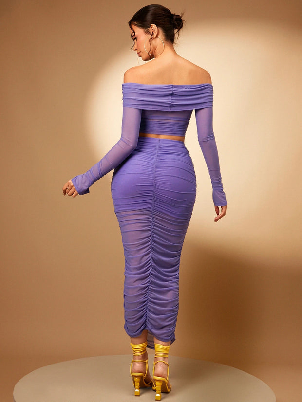 Silquee Foldover Off Shoulder Crop Top & Ruched Pencil Skirt