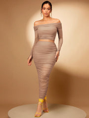 Silquee Foldover Off Shoulder Crop Top & Ruched Pencil Skirt