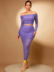 Silquee Foldover Off Shoulder Crop Top & Ruched Pencil Skirt