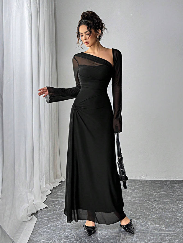 SHEIN Essnce Women Asymmetrical Neckline Long Sleeve Ankle Length Dress