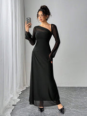 SHEIN Essnce Women Asymmetrical Neckline Long Sleeve Ankle Length Dress