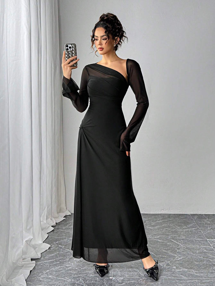SHEIN Essnce Women Asymmetrical Neckline Long Sleeve Ankle Length Dress