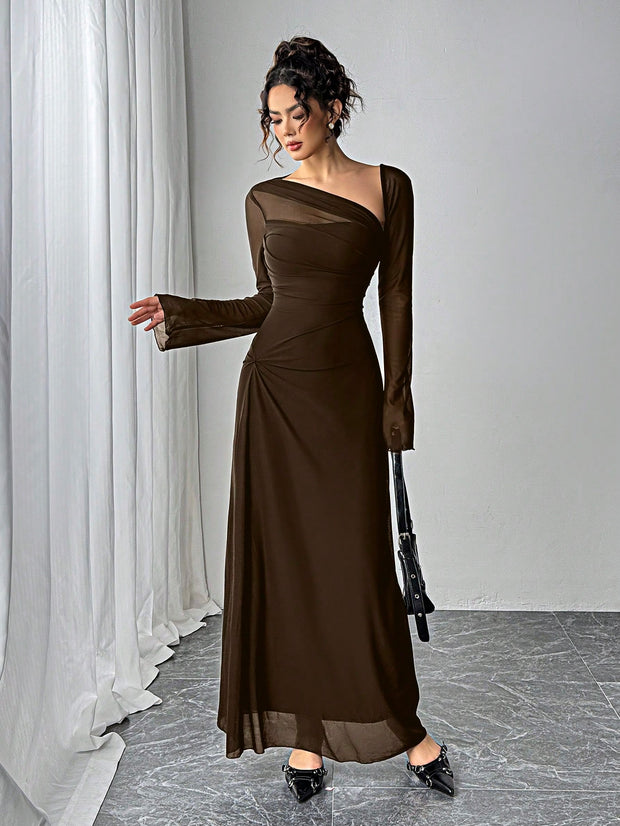 SHEIN Essnce Women Asymmetrical Neckline Long Sleeve Ankle Length Dress