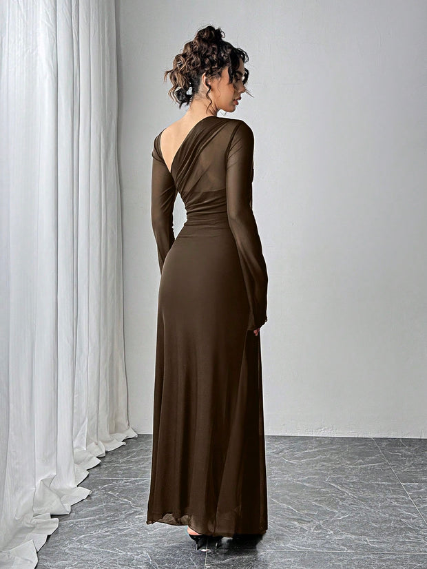 SHEIN Essnce Women Asymmetrical Neckline Long Sleeve Ankle Length Dress
