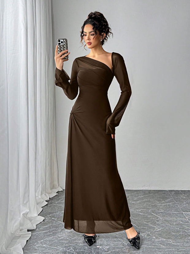 SHEIN Essnce Women Asymmetrical Neckline Long Sleeve Ankle Length Dress