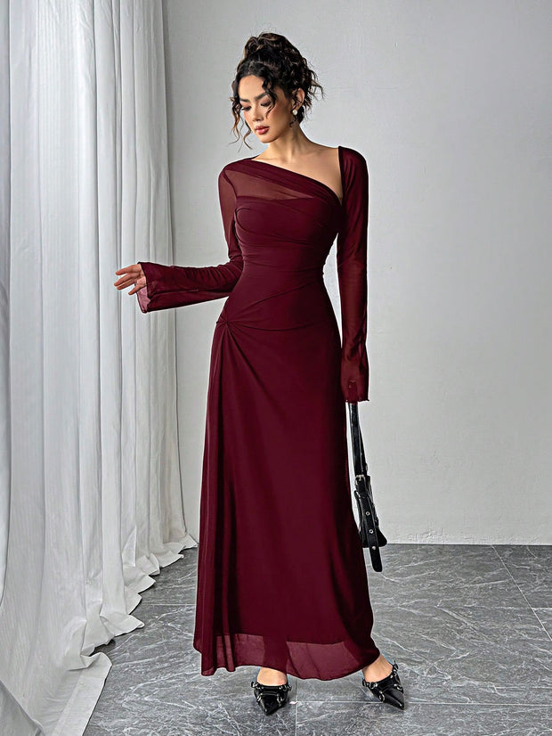 SHEIN Essnce Women Asymmetrical Neckline Long Sleeve Ankle Length Dress